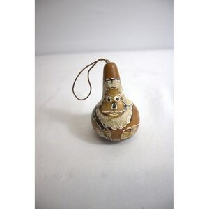 Hand Carved Gourd Ornament Santa Claus Face Stars Folk Art Holiday Decor